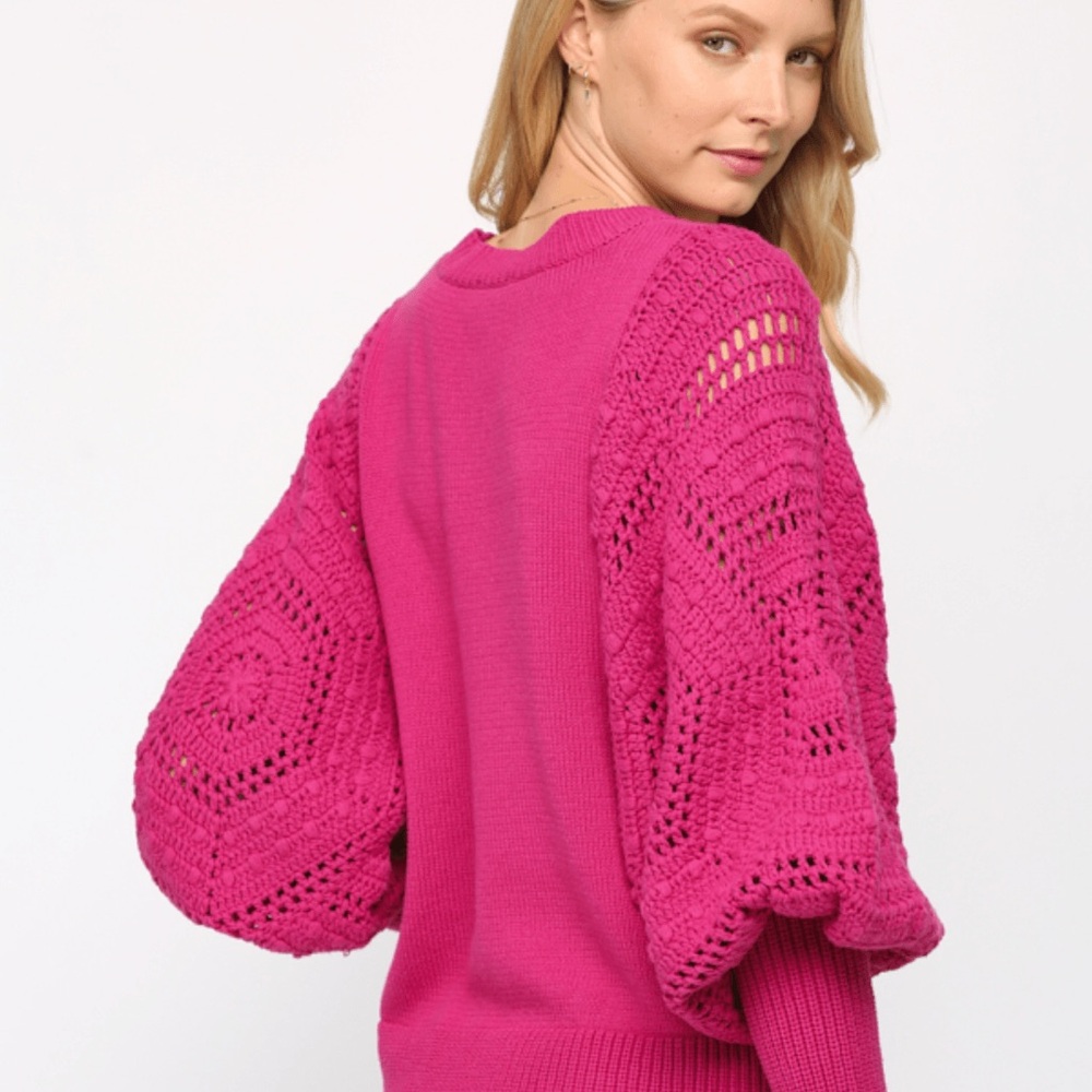 🩷FATE HOT PINK BARBIE CORE HAND KNIT CROCHET BALLOON SLEEVE SWEATER SIZE MEDIUM - Picture 13 of 13